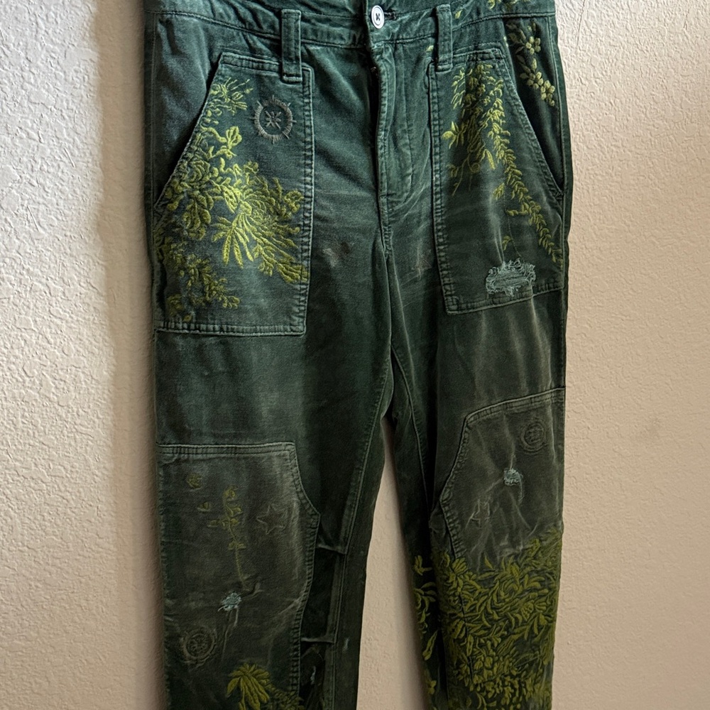 Pilcro Green Velvet Pants with distressed double knees